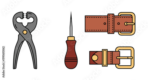 Vector illustration of pliers screwdriver and leather belts with gold buckles, Generative AI.