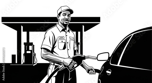Gas Station Attendant Filling Car with Fuel.