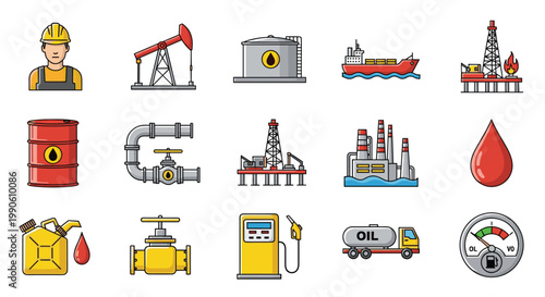 Oil and gas industry icon set features illustrations of a worker derrick tanker barrel refinery fuel pump and measuring gauge.