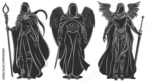 Three dark, cloaked figures, one with wings, holding weapons, and a staff, against a white backdrop