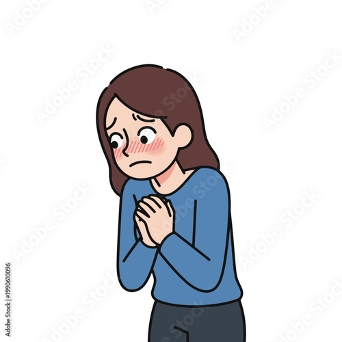 Cute cartoon illustration of a shy young woman blushing with hands together