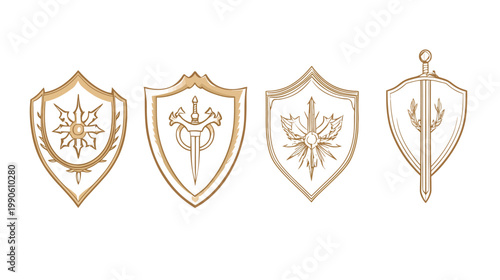 A collection of four shield designs, each with unique emblems and intricate details in a sepia tone