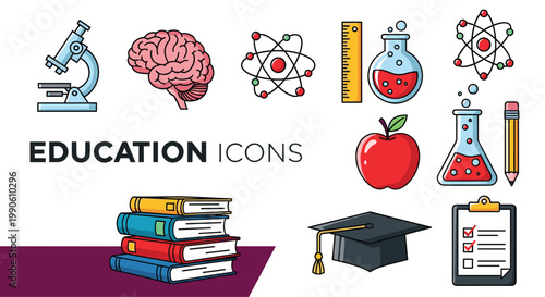 Educational icon set displays a microscope human brain atom model test tube graduation cap apple and books for learning themes.