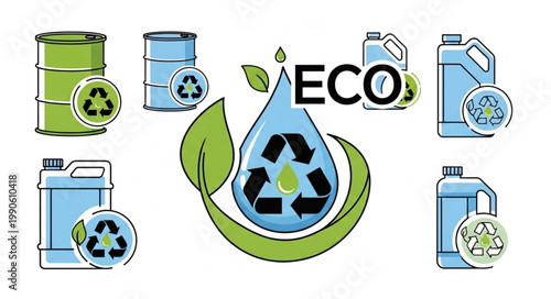 Recycling symbol on containers and water drop with ECO text.