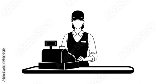 Cashier Standing Behind Counter with Cash Register.