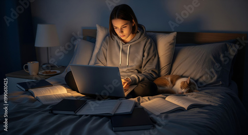 Young Woman Student Studying with Laptop and Sleeping Cat in Bed at Night Surrounded by Books and Study Material