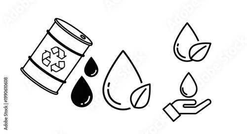Recycling oil barrel with water drops and leaf symbols.
