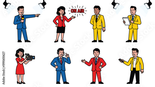 Cartoon Media Professionals Set: Diverse Broadcasting Team, News Anchors, Reporters & Production Staff