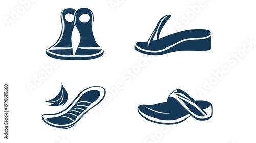 Collection of various footwear illustrations, including sandals, flip-flops, and clog styles, rendered in navy