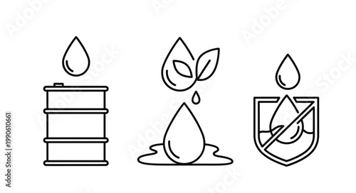 Set of icons representing oil industry and environmental protection.