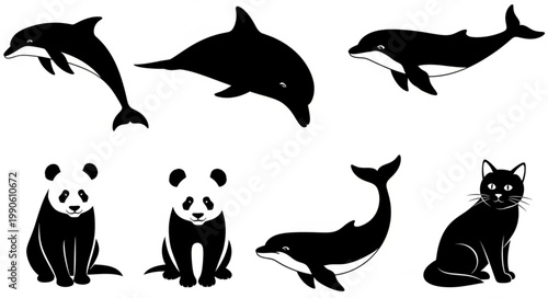Collection of Silhouettes of Dolphins Pandas and a Cat.