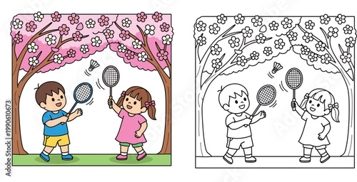 Children playing badminton under blooming cherry trees cartoon illustration with coloring page version for kids.