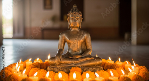 Buddhist statue adorned with candles in a serene temple setting