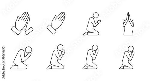 Praying Hands and Figures Icon Set.