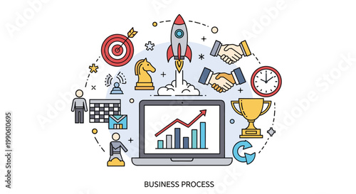 Comprehensive business process illustration showing a rocket launch surrounded by various growth and success icons.