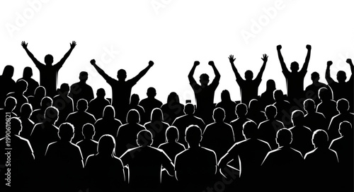 Crowd Silhouette Cheering Arms Raised Celebration.