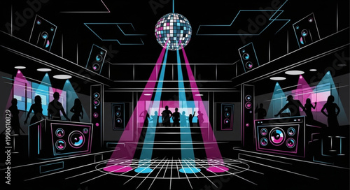 Vibrant Disco Club Interior with DJ Booth and Dance Floor.
