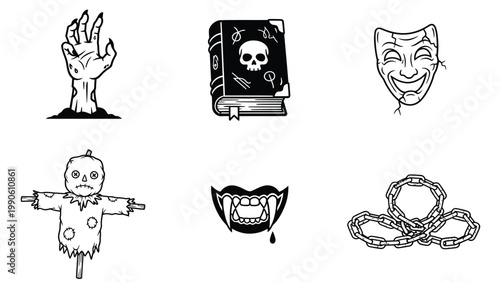 Monochrome Halloween Spooky Vector Icon Set: Zombie Hand, Skull Book, Vampire Fangs, Scarecrow, Mask, Chain