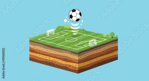 Isometric soccer field cutout with a floating soccer ball and goal nets against a clear light blue background for sports.