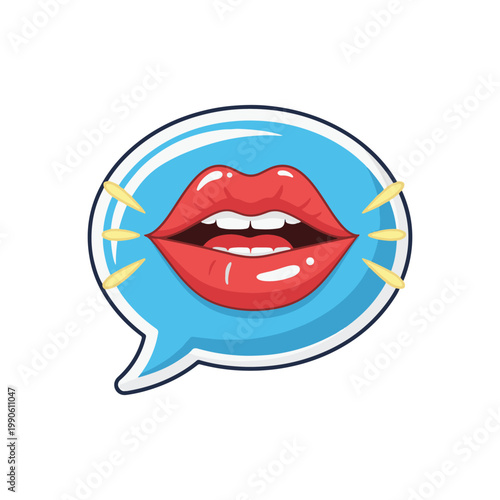 Pop art style illustration of red biting lips inside a bright blue speech bubble icon.