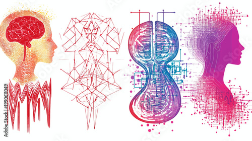 Artistic illustrations showcasing human brain, neural networks, and a silhouette, with colorful, abstract visuals