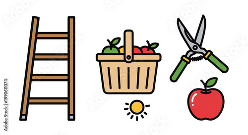 Vector illustration of a ladder fruit basket pruning shears apple and sun, Generative AI.