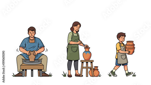 Pottery Making Process: Man on Wheel, Woman Decorating, Boy Carrying Pots. Handmade Clay Craft Illustration.