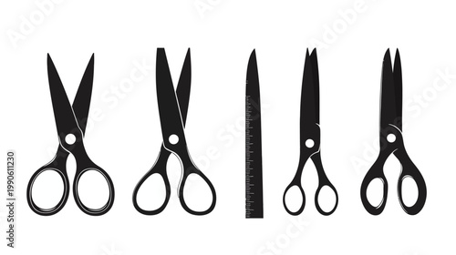 Silhouetted illustration of various cutting tools, including scissors and a ruler, against a white backdrop