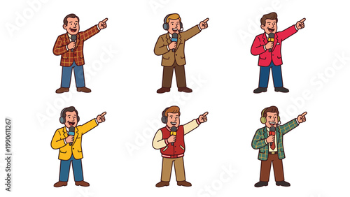 Set of Cartoon Male Reporters or Commentators Pointing Right with Microphones and Headsets