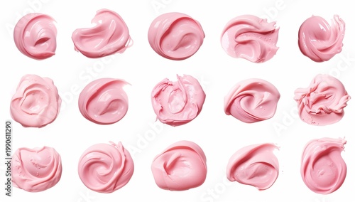Abstract pink cosmetic cream strokes, arranged beautifully. Each swirl reveals a different texture and pattern, offering a visual feast of texture and colour
