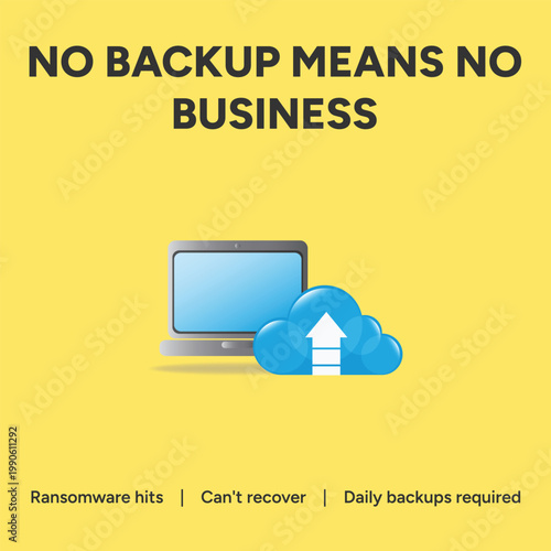 Minimalist vector graphic illustration showcasing a laptop computer connected to cloud storage for important data backup and security business needs
