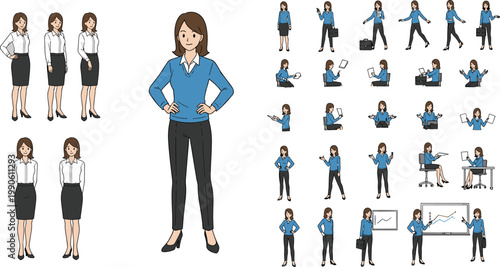 Businesswoman Character Set with Multiple Poses and Office Activities Flat Vector Illustration for Corporate Presentation, Workplace Scenes, and Professional Design Projects