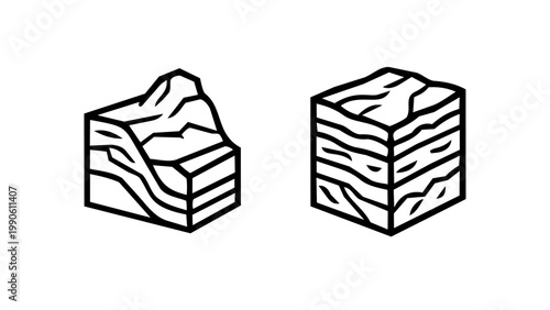 A geology and earth science concept icon set showing two cross-section rock or soil layer formations, representing stratigraphy, terrain structure, or geological survey in clean black outline vector 