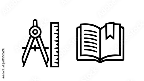 An education and engineering concept icon set showing a compass and ruler drafting tool alongside an open bookmarked book in clean black outline vector style.