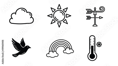 Hand drawn weather and nature icons set. Simple doodle style line art symbols for forecast, climate, and environment designs.
