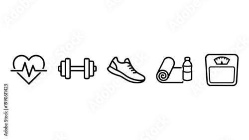 A fitness and healthy lifestyle icon set showing a heartbeat pulse, dumbbells, a sneaker, a yoga mat with bottle, and a weight scale in clean black outline vector style.