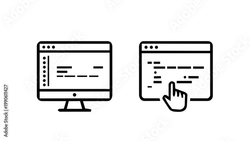 A web development and coding concept icon set showing a desktop monitor with code lines and an interactive browser window with a cursor hand in clean black outline vector style.