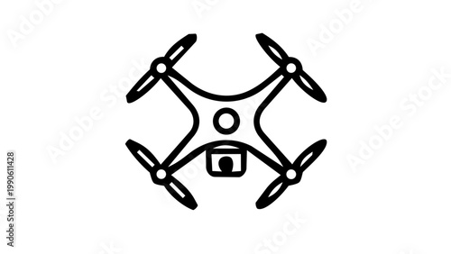 A drone and aerial photography concept icon showing a quadcopter with a camera mounted underneath, representing unmanned flight, surveillance, or videography in clean black outline vector style.