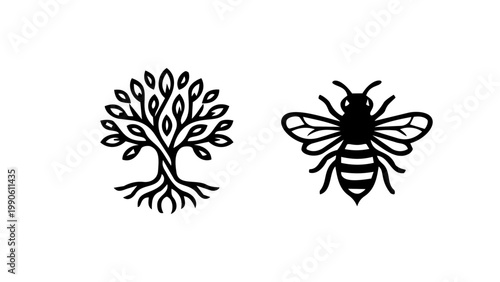 A nature and ecology icon set showing a detailed tree with roots and a honeybee, representing biodiversity, pollination, and environmental harmony in bold black vector style.