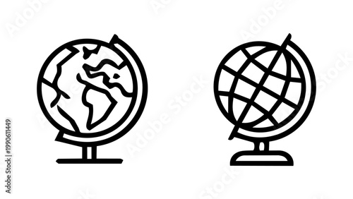 A world and geography concept icon set showing two desktop globe variations — one with continents and one with a grid meridian pattern — in clean black outline vector style.