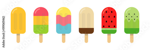 Photography Assorted colorful ice cream bars and popsicles set on wooden sticks, simple vect