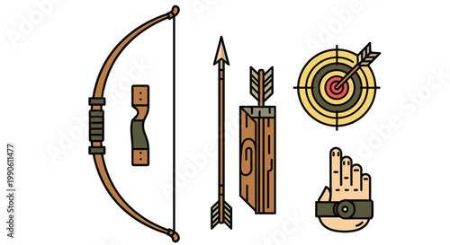 A colorful illustration of archery equipment including a bow arrow quiver target and finger tab for precision shooting, Generative AI.
