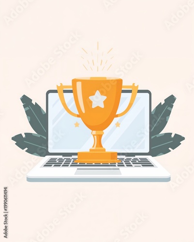 Digital achievement: trophy on a laptop with green leaves