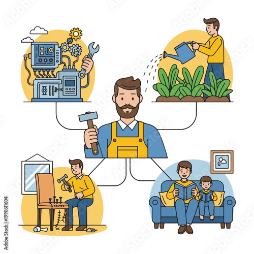 Illustration of a multitasking man performing household tasks like gardening, furniture repair, and reading to children.