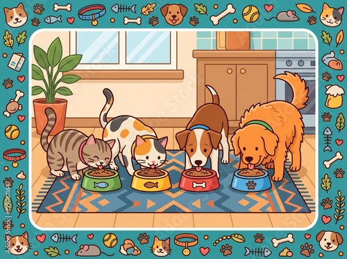 Four lovely animals sharing a meal in a cozy kitchen setting. The scene features three cats and two dogs dining on food from different bowls