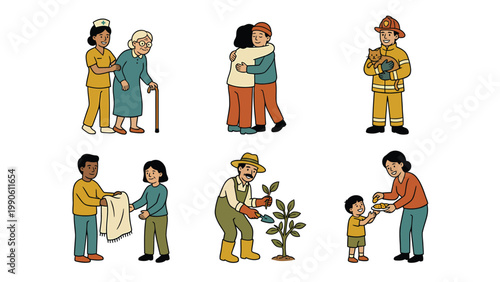 Kindness, Empathy & Community Support Illustrations: Helping People, Animals, Environment. Caregiving, Volunteering, Giving.
