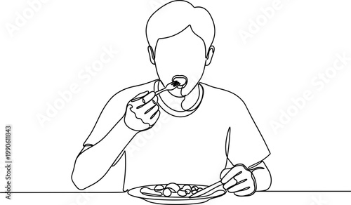 Man eating food with fork and spoon.