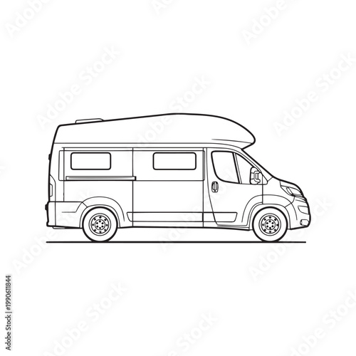 Minimalist black and white line art drawing of a modern camper van motorhome for travel adventures.