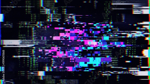 Abstract digital glitch art with vibrant colors, pixelated data visualization, perfect for technological concept designs.
