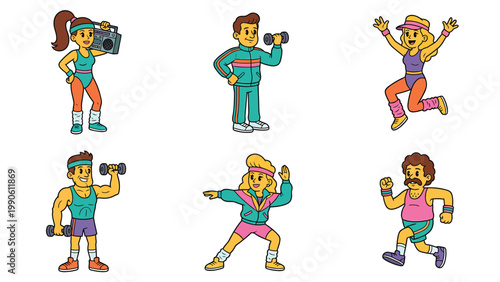 80s Retro Fitness Characters Set. Cartoon People Exercising, Aerobics, Weightlifting, Running with Boombox and Dumbbells